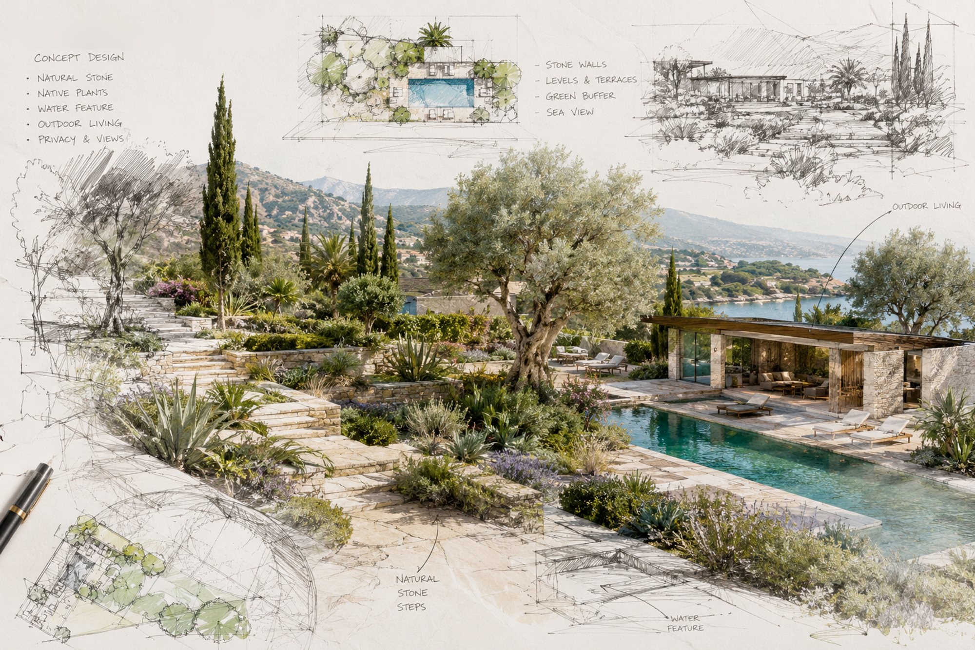 Boceto y render de un jardín mediterráneo con piscina